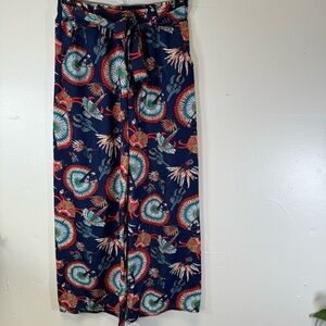 Tropical floral feather print wide leg crop Palazzo lounge pants Boho small